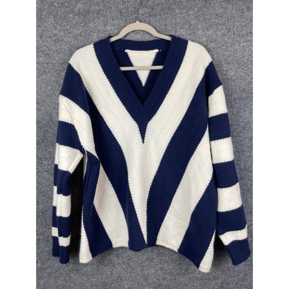 V-Neck Sweater Women L Navy White Excellent Chevron Stripe Knit
